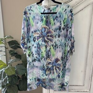 Jess & Jane Top Women M Tropical Palms Watercolor Animal Print Boho Oversized